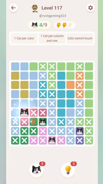 Meowdoku Level 117 step 4 screenshot showing the cat placement at B6 with 4 of 9 cats visible on the board.