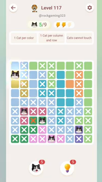 Meowdoku Level 117 step 5 screenshot showing the cat placement at A2 with 5 of 9 cats visible on the board.