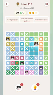 Meowdoku Level 117 step 6 screenshot showing the cat placement at G3 with 6 of 9 cats visible on the board.