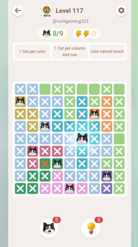 Meowdoku Level 117 step 8 screenshot showing the cat placement at F5 with 8 of 9 cats visible on the board.