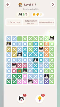 Meowdoku Level 117 step 9 screenshot showing the cat placement at I1 with 9 of 9 cats visible on the board.