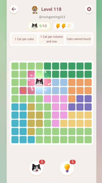 Meowdoku Level 118 step 1 screenshot showing the cat placement at D3 with 1 of 10 cats visible on the board.