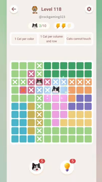 Meowdoku Level 118 step 2 screenshot showing the cat placement at F4 with 2 of 10 cats visible on the board.