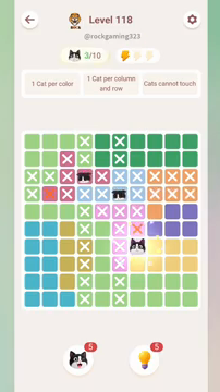 Meowdoku Level 118 step 3 screenshot showing the cat placement at G7 with 3 of 10 cats visible on the board.