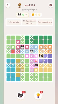 Meowdoku Level 118 step 4 screenshot showing the cat placement at H5 with 4 of 10 cats visible on the board.