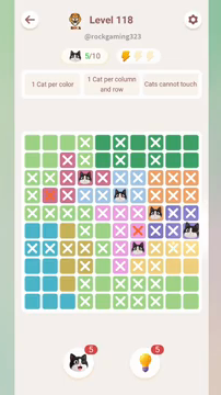 Meowdoku Level 118 step 5 screenshot showing the cat placement at J6 with 5 of 10 cats visible on the board.