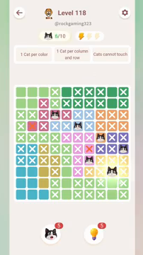 Meowdoku Level 118 step 6 screenshot showing the cat placement at I8 with 6 of 10 cats visible on the board.