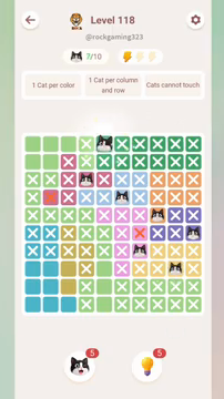 Meowdoku Level 118 step 7 screenshot showing the cat placement at E1 with 7 of 10 cats visible on the board.