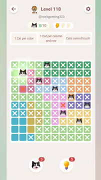 Meowdoku Level 118 step 8 screenshot showing the cat placement at B2 with 8 of 10 cats visible on the board.