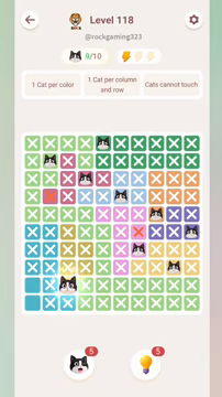 Meowdoku Level 118 step 9 screenshot showing the cat placement at C9 with 9 of 10 cats visible on the board.