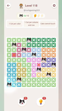 Meowdoku Level 118 step 10 screenshot showing the cat placement at A10 with 10 of 10 cats visible on the board.