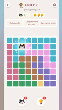 Meowdoku Level 119 step 1 screenshot showing the cat placement at C2 with 1 of 8 cats visible on the board.