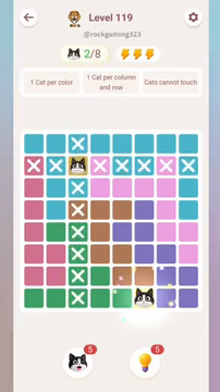 Meowdoku Level 119 step 2 screenshot showing the cat placement at F8 with 2 of 8 cats visible on the board.