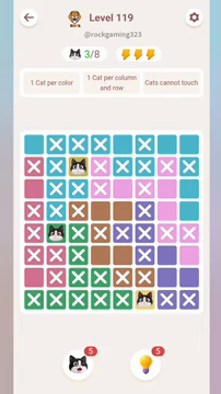 Meowdoku Level 119 step 3 screenshot showing the cat placement at B5 with 3 of 8 cats visible on the board.