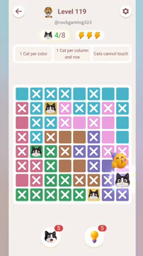 Meowdoku Level 119 step 4 screenshot showing the cat placement at H7 with 4 of 8 cats visible on the board.