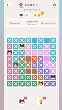 Meowdoku Level 119 step 5 screenshot showing the cat placement at A3 with 5 of 8 cats visible on the board.