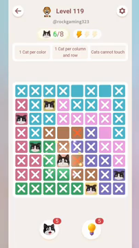 Meowdoku Level 119 step 6 screenshot showing the cat placement at D6 with 6 of 8 cats visible on the board.