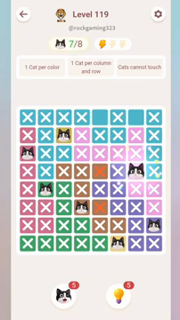 Meowdoku Level 119 step 7 screenshot showing the cat placement at G4 with 7 of 8 cats visible on the board.