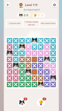 Meowdoku Level 119 step 8 screenshot showing the cat placement at E1 with 8 of 8 cats visible on the board.