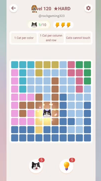 Meowdoku Level 120 step 1 screenshot showing the cat placement at E7 with 1 of 10 cats visible on the board.