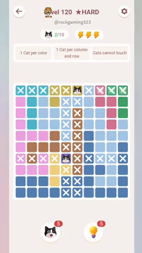 Meowdoku Level 120 step 2 screenshot showing the cat placement at F1 with 2 of 10 cats visible on the board.