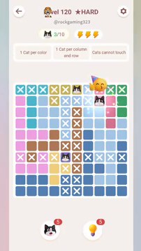 Meowdoku Level 120 step 3 screenshot showing the cat placement at H2 with 3 of 10 cats visible on the board.