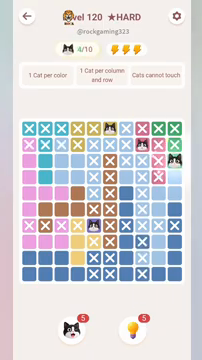 Meowdoku Level 120 step 4 screenshot showing the cat placement at J3 with 4 of 10 cats visible on the board.