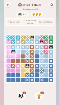 Meowdoku Level 120 step 5 screenshot showing the cat placement at B4 with 5 of 10 cats visible on the board.