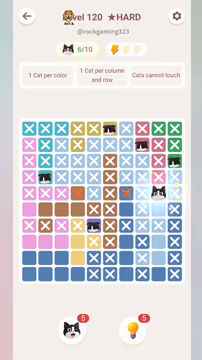 Meowdoku Level 120 step 6 screenshot showing the cat placement at I5 with 6 of 10 cats visible on the board.