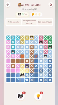 Meowdoku Level 120 step 7 screenshot showing the cat placement at D9 with 7 of 10 cats visible on the board.