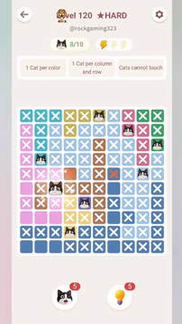 Meowdoku Level 120 step 8 screenshot showing the cat placement at C6 with 8 of 10 cats visible on the board.