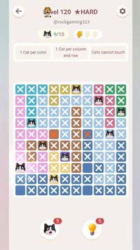 Meowdoku Level 120 step 9 screenshot showing the cat placement at A8 with 9 of 10 cats visible on the board.