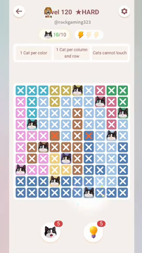 Meowdoku Level 120 step 10 screenshot showing the cat placement at G10 with 10 of 10 cats visible on the board.