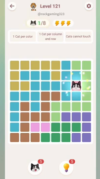 Meowdoku Level 121 step 1 screenshot showing the cat placement at G3 with 1 of 8 cats visible on the board.