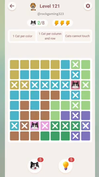 Meowdoku Level 121 step 2 screenshot showing the cat placement at C7 with 2 of 8 cats visible on the board.