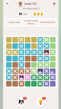 Meowdoku Level 121 step 3 screenshot showing the cat placement at F6 with 3 of 8 cats visible on the board.