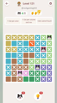 Meowdoku Level 121 step 4 screenshot showing the cat placement at H1 with 4 of 8 cats visible on the board.