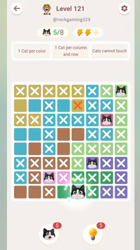 Meowdoku Level 121 step 5 screenshot showing the cat placement at E8 with 5 of 8 cats visible on the board.