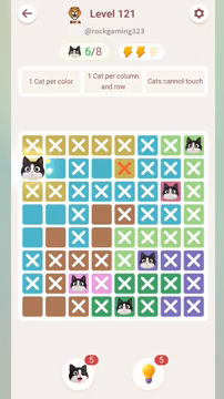 Meowdoku Level 121 step 6 screenshot showing the cat placement at A2 with 6 of 8 cats visible on the board.