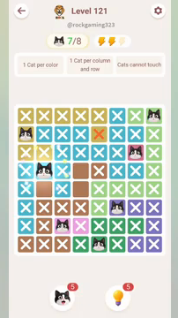 Meowdoku Level 121 step 7 screenshot showing the cat placement at B4 with 7 of 8 cats visible on the board.