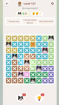 Meowdoku Level 121 step 8 screenshot showing the cat placement at D5 with 8 of 8 cats visible on the board.