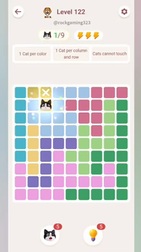 Meowdoku Level 122 step 1 screenshot showing the cat placement at C2 with 1 of 9 cats visible on the board.