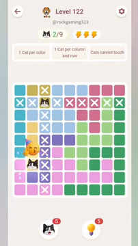 Meowdoku Level 122 step 2 screenshot showing the cat placement at B7 with 2 of 9 cats visible on the board.