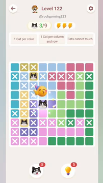 Meowdoku Level 122 step 3 screenshot showing the cat placement at D5 with 3 of 9 cats visible on the board.