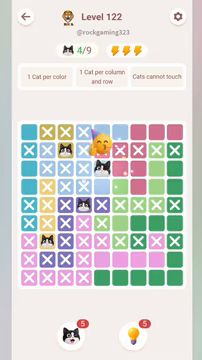Meowdoku Level 122 step 4 screenshot showing the cat placement at E3 with 4 of 9 cats visible on the board.