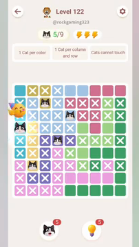 Meowdoku Level 122 step 5 screenshot showing the cat placement at A4 with 5 of 9 cats visible on the board.