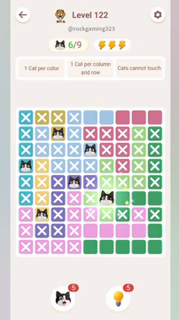 Meowdoku Level 122 step 6 screenshot showing the cat placement at F6 with 6 of 9 cats visible on the board.