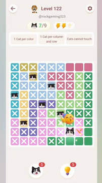 Meowdoku Level 122 step 7 screenshot showing the cat placement at G8 with 7 of 9 cats visible on the board.