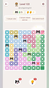 Meowdoku Level 122 step 8 screenshot showing the cat placement at H1 with 8 of 9 cats visible on the board.