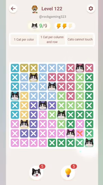 Meowdoku Level 122 step 9 screenshot showing the cat placement at I9 with 9 of 9 cats visible on the board.